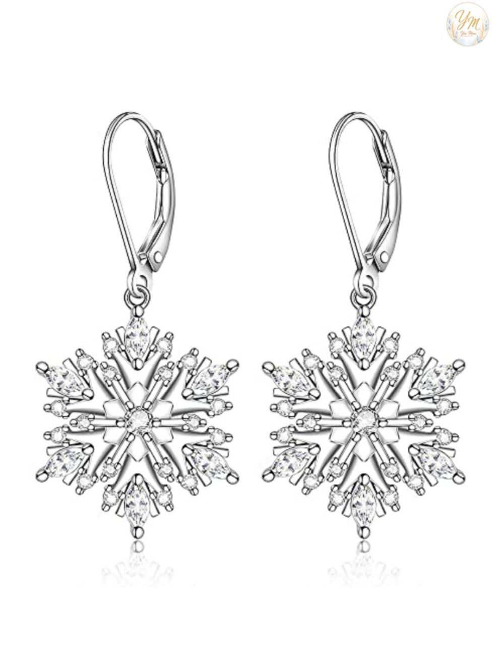 Sterling Silver Snowflake Leverback Dangle Earrings Cubic Zirconia Holiday